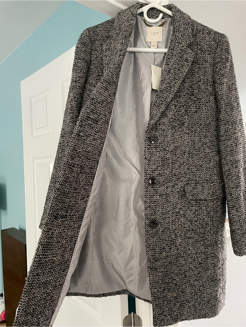 J. Crew tweed top coat size 4 gray black H1493 lined collared nwt - Picture 2 of 11